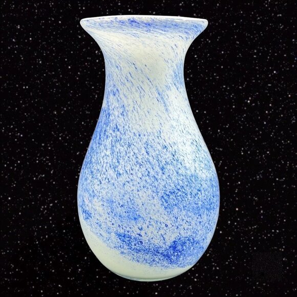 Art Glass Vase Splashed Multicolor Dots Blue White Cased 8”T 3.5”W - Picture 1 of 11